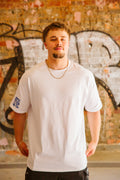 blue on white oversized tee